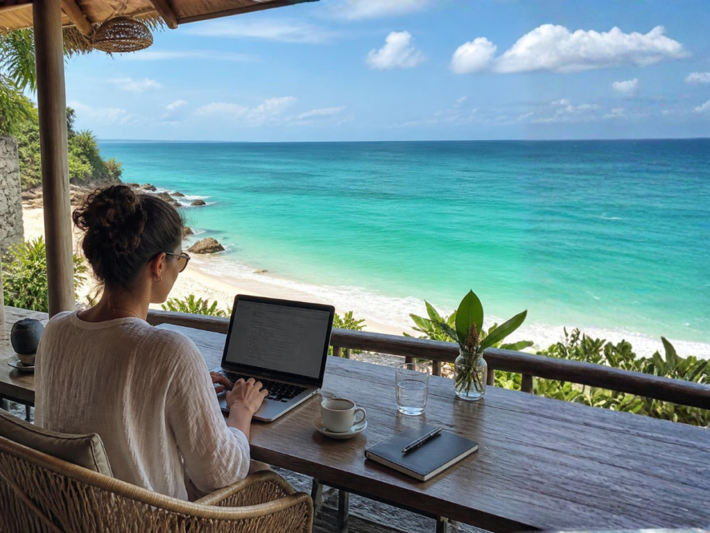 海の見える場所でノートPC をしている女性